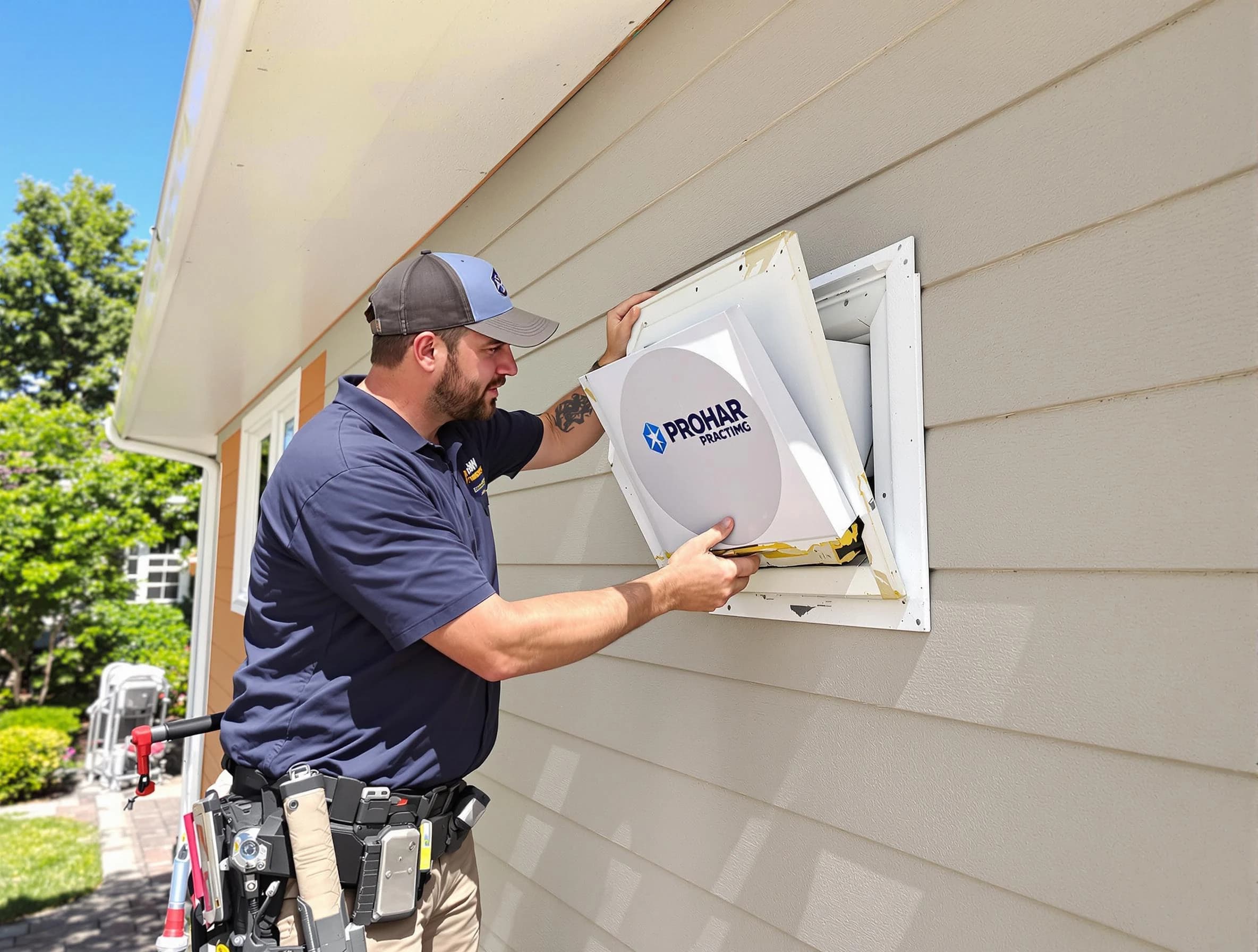 The Village Dryer Vent Cleaning technician installing a new protective dryer vent cover on a home in The Village