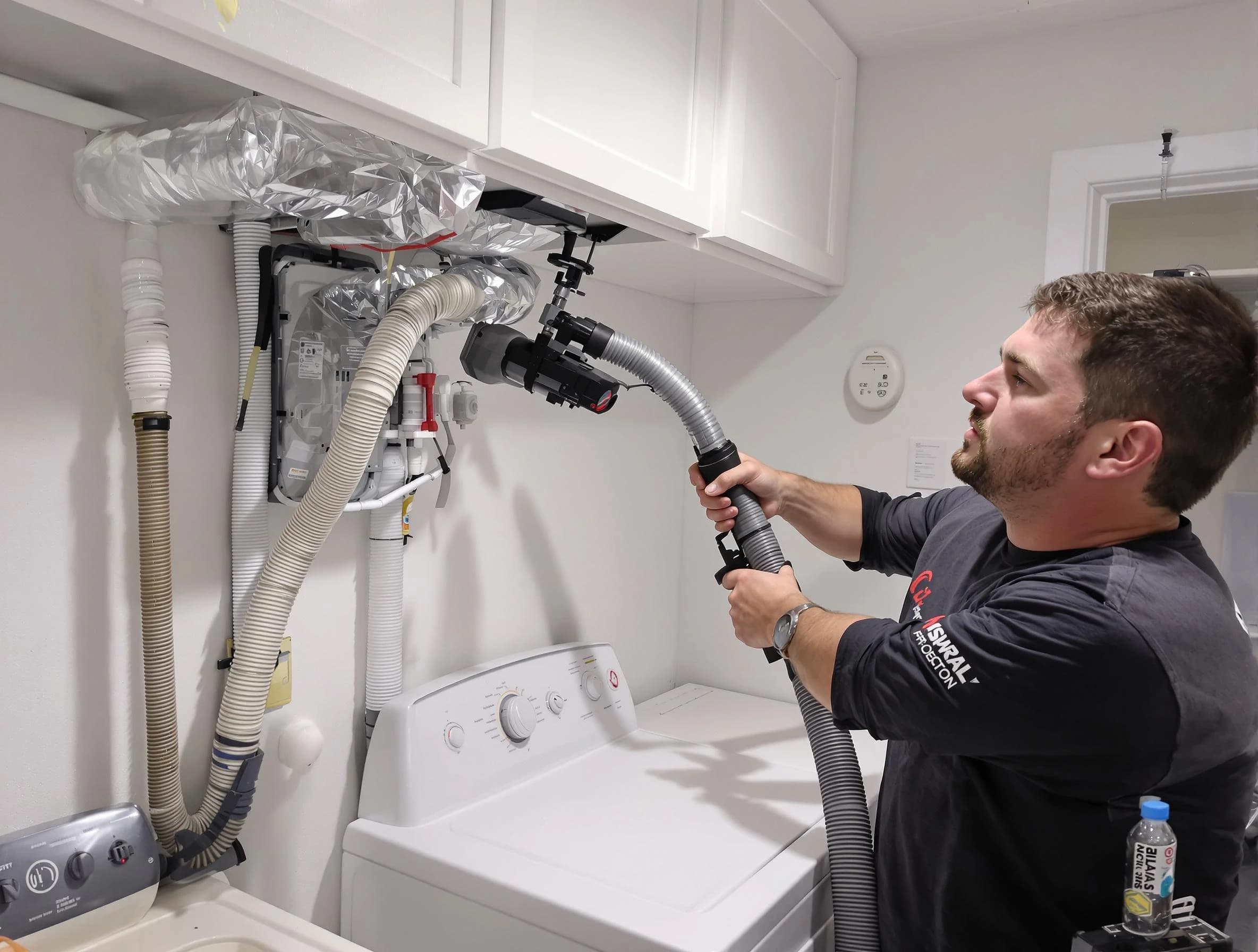 The Village Dryer Vent Cleaning certified technician performing safety-focused gas dryer vent cleaning in The Village