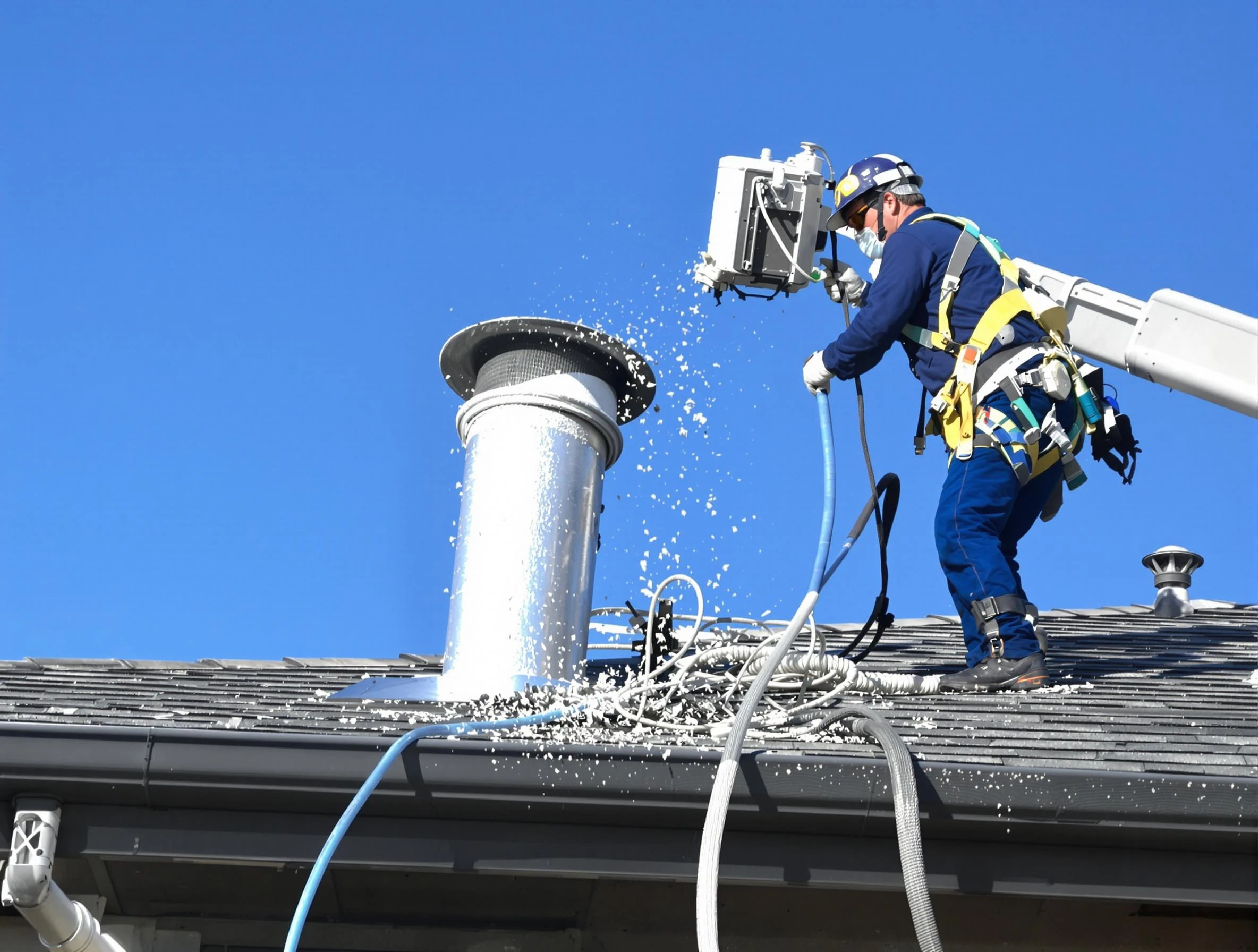 The Village Dryer Vent Cleaning certified technician safely cleaning a roof-mounted dryer vent in The Village