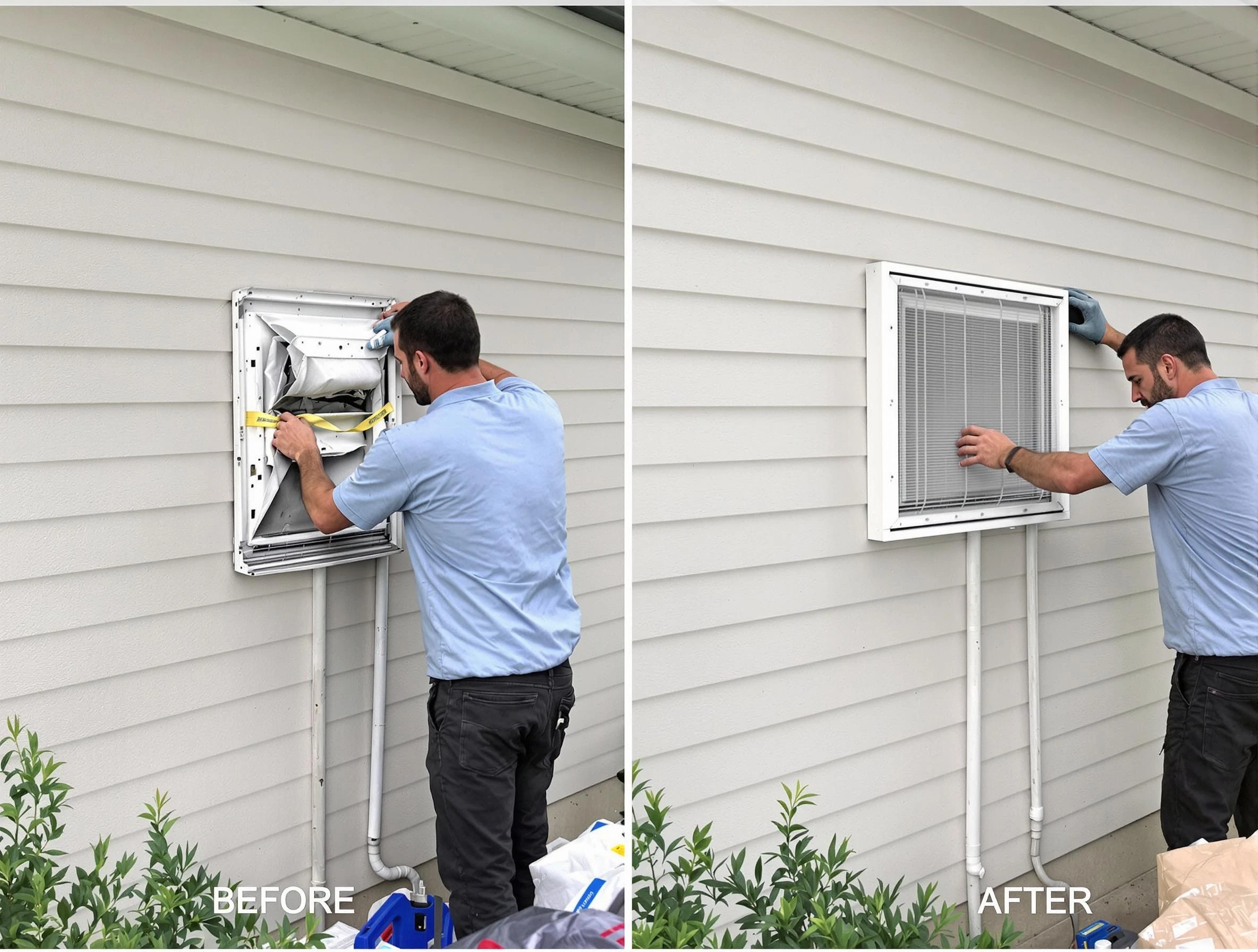 The Village Dryer Vent Cleaning technician installing high-quality dryer vent cover at a residential property in The Village